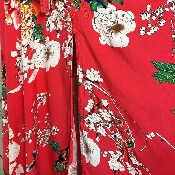 Floral Button Up Maxi Dress Red Elastic Waist L - Picture 6 of 8